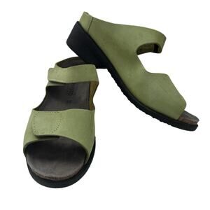 MEPHISTO Sandals Womens 39 Green Nubuck Leather Double Strap Wedge Slip On Slide